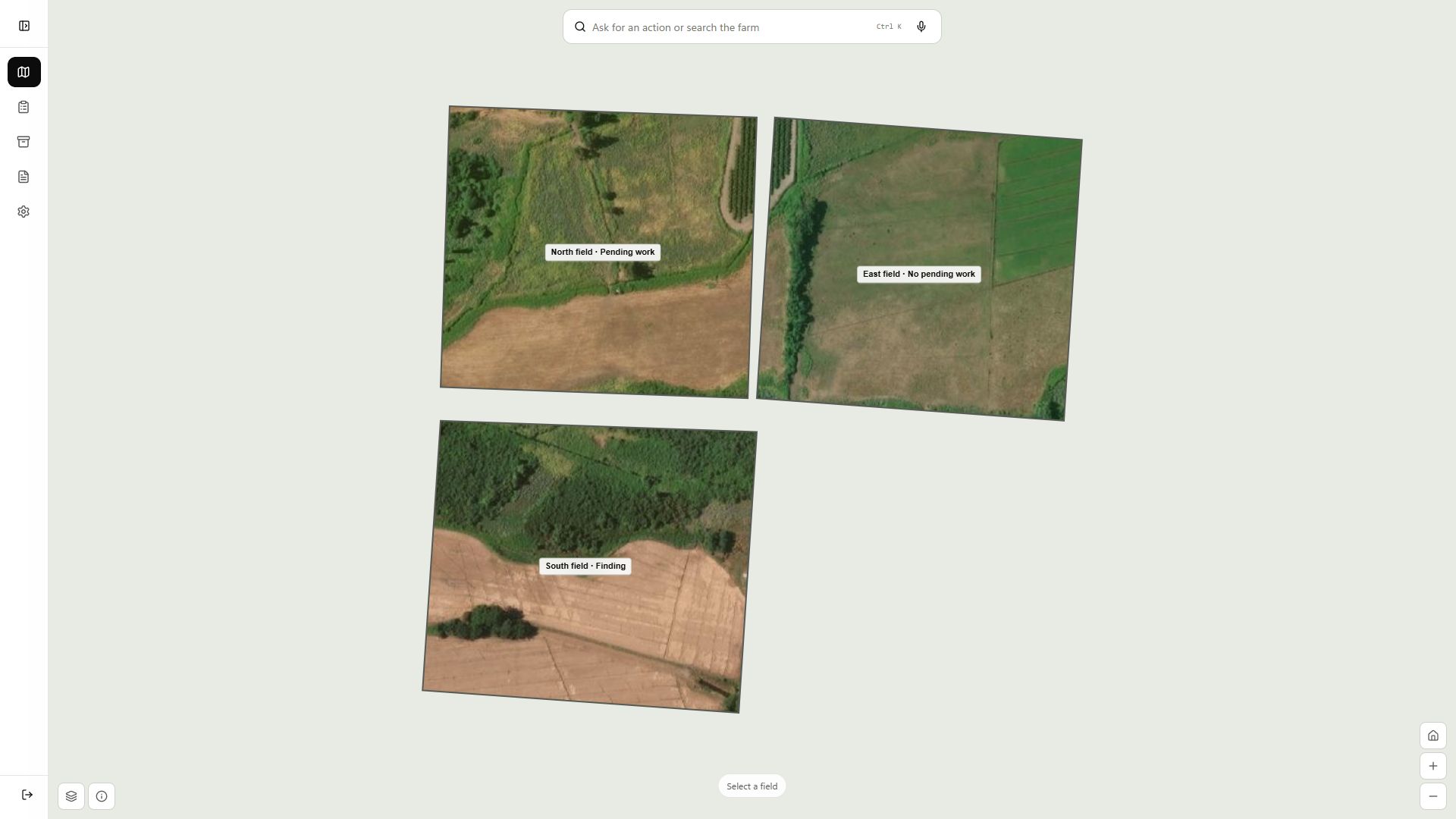 Field Operations map with three fields and their pending work